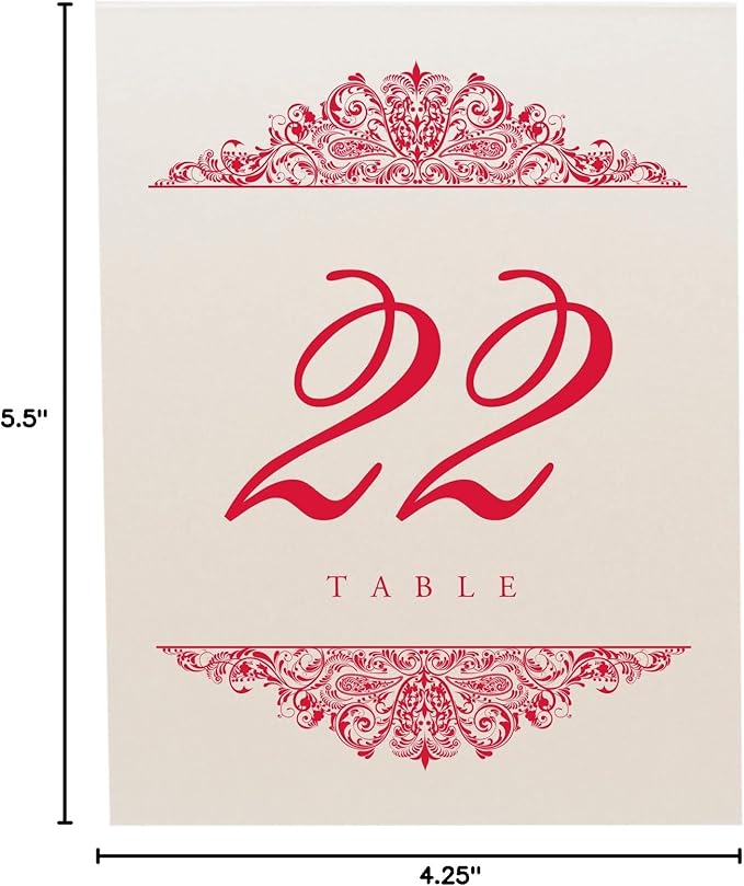 Paisley Wedding Table Numbers (Select Color/Quantity), Champagne, Ruby Red, 1-150, Double Sided, Tent or Use in a Stand, Great for Parties & Restaurants - Made in the USA