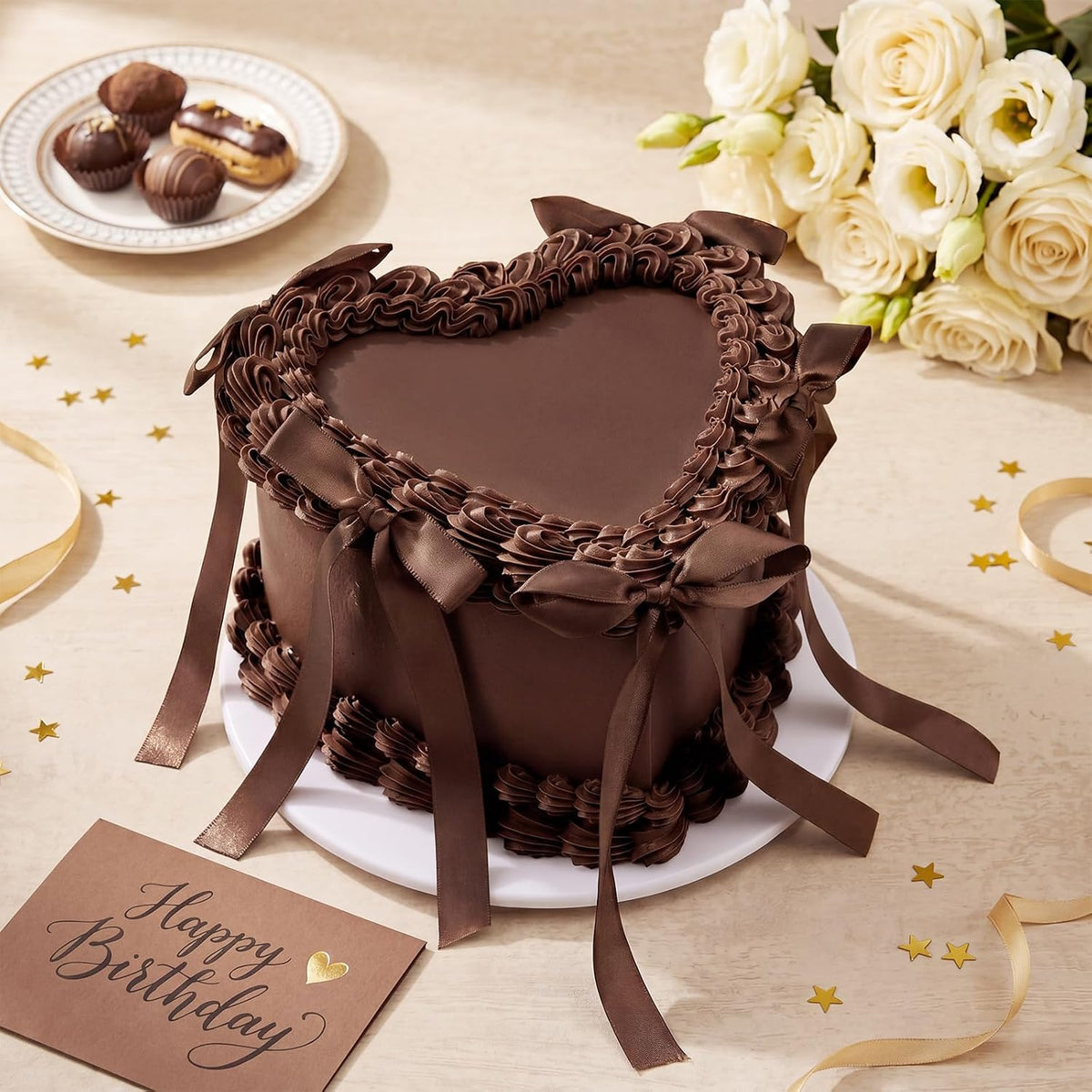 Remerry 6 Inch Chocolate Heart Fake Cake Bow Birthday Fake Cake Decor