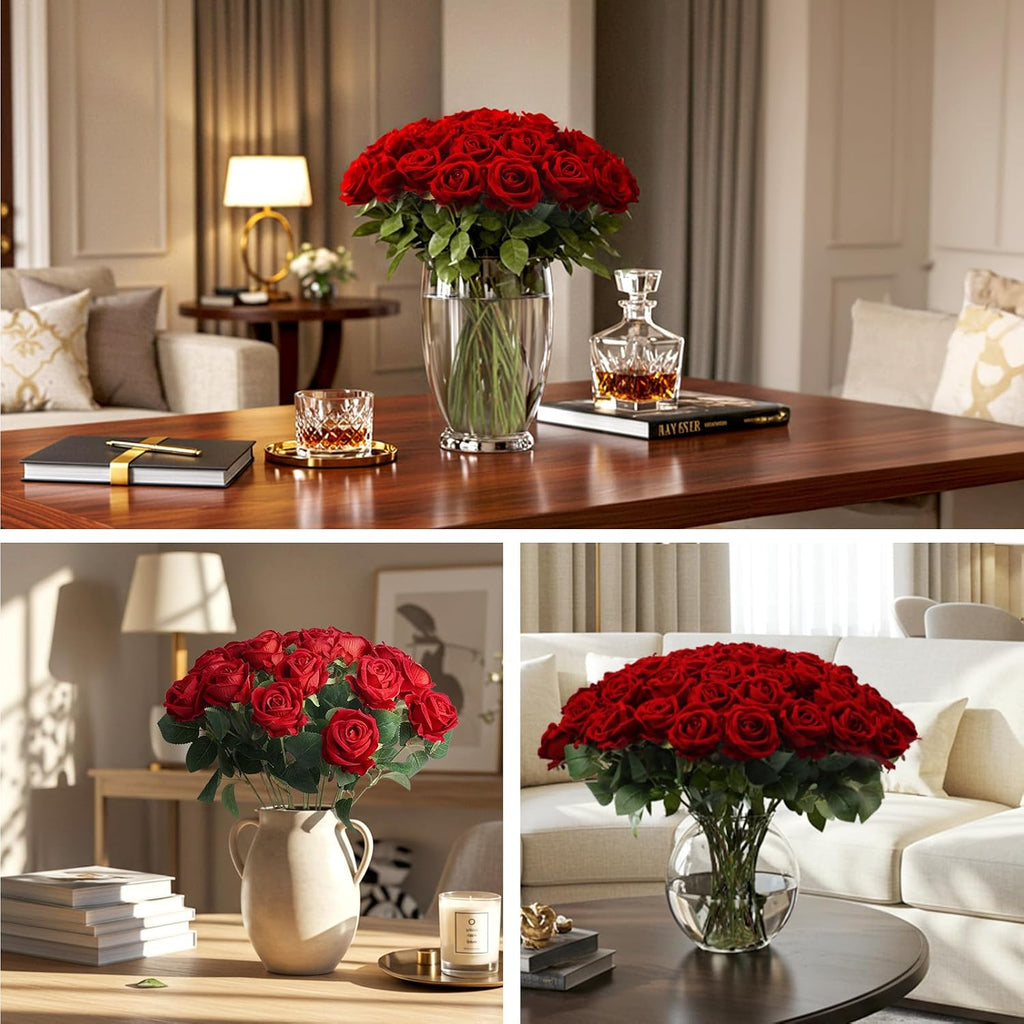 Auihiay 60Pcs Red Roses Artificial Flowers, Faux Roses, Velvet Silk