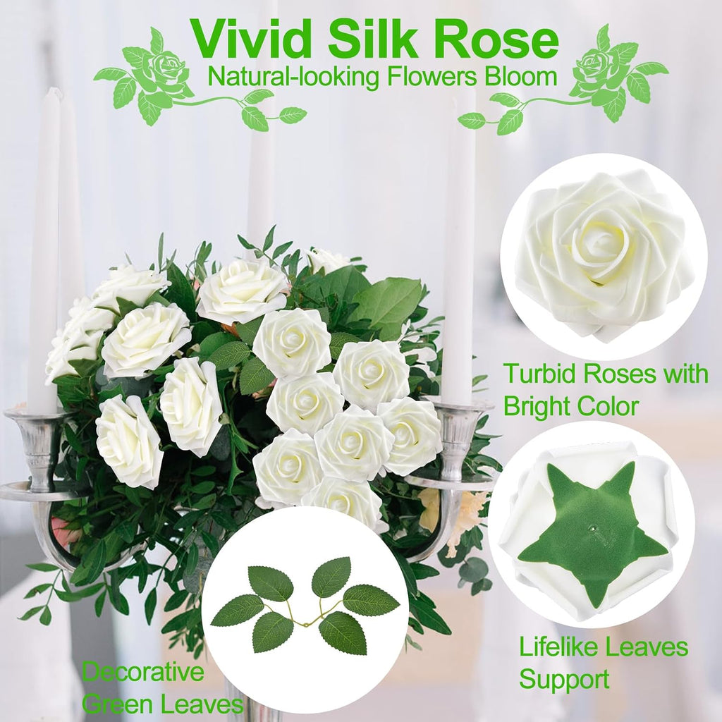 100Pcs Artificial Flowers Real Looking Ivory White Foam Fake Roses w/ Stems