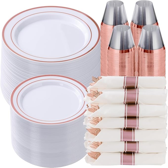 Goodluck 700 Piece Rose Gold Plastic Dinnerware Set for 100 Guests, Disposable Plates for Party, Include: 100 Dinner Plates, 100 Dessert Plates, 100 Pre Rolled Napkins with Silverware, 100 Cups