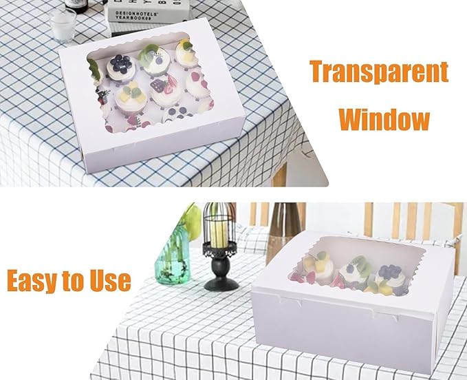 26-Set Cupcake Boxes Hold 12 Standard Cupcakes, Food Grade Cupcake Holders Bakery Carrier Boxes with Windows and Inserts for Cupcakes, Muffins and Pastries (White-26 Pack)