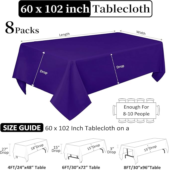 8 Pack Purple Tablecloth 60 x 102 Inch Rectangular Tablecloths for 6 Foot Rectangle Tables, Wrinkle Resistant Purple Table Cloth Washable Polyester Fabric Table Covers for Buffet Wedding Party Banquet