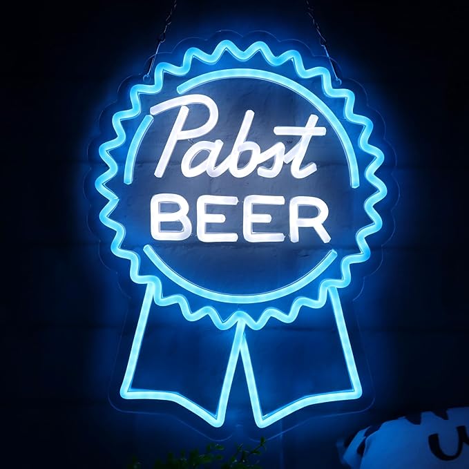 Pabst Beer Neon Signs for Wall Decor，LED Neon Lights Suitable for Man Cave Bar Pub Restaurant Christmas Gift Art 5V Power Adapter, 12 * 15Inch(sky blue+white)