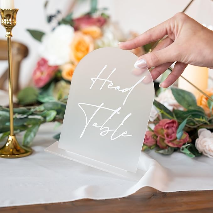 Frosted Arch Acrylic Table Numbers for Wedding Reception - 5" x 7" White Font Centerpiece Set with Holder Stands & Head Table Sign - Anniversary, Event, Party, Wedding set 1-15