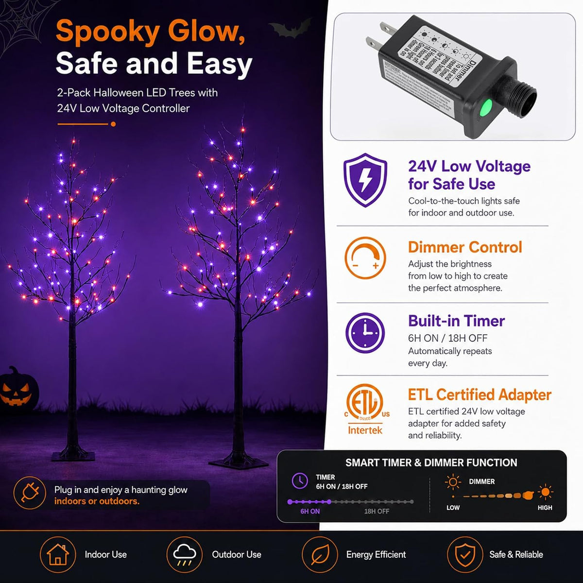5FT LED Lighted Halloween Tree 2-Pack Orange and Purple Lights Décor