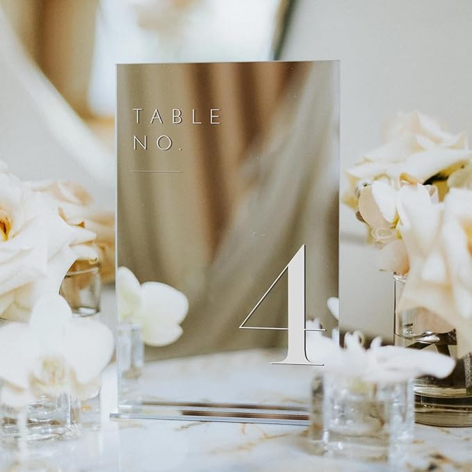 JINMURY Sliver Wedding Table Numbers 1-15 with Stands, 5"x7" Sliver Mirror Acrylic Table Numbers for Wedding Reception (Sliver Mirror White Font, Number 1-15, 5"x7")