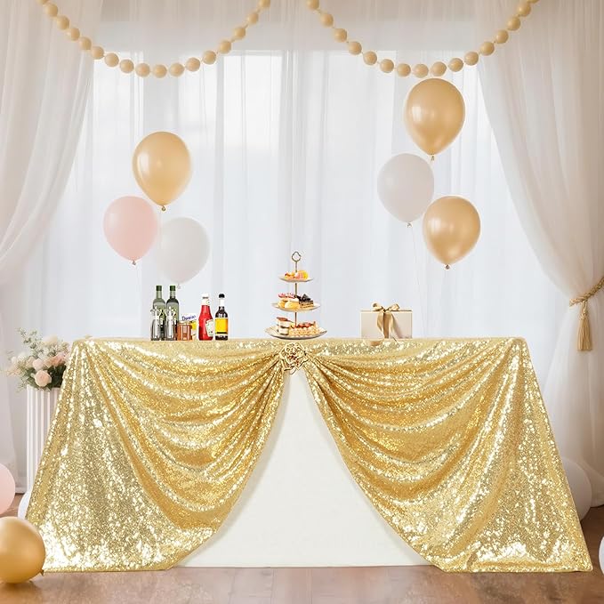 SquarePie Sequin Tablecloth 90 x 132 Inch Light Gold Sparkly Table Cloth for Wedding Party Decoration