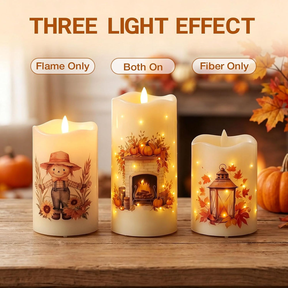 Fall Fiber Optic Flameless Pillar Candles with Remote Set of 3