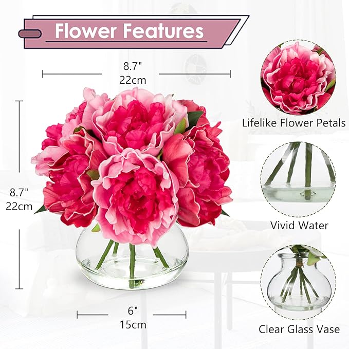 Hollyone Peonies Artificial Flowers with Vase Hot Pink Faux Flowers Peony Fake Flowers Silk Flower Arrangements in Glass Vase with Faux Water for Home Decor Bathroom Table Centerpiece Decorations