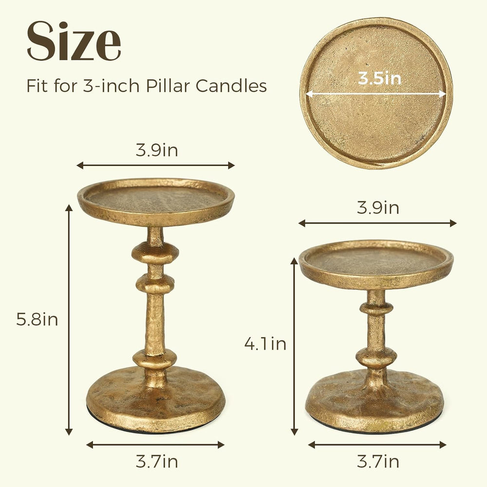Gold Cast Iron Pillar Candle Holders Set of 2 Farmhouse Candlesticks