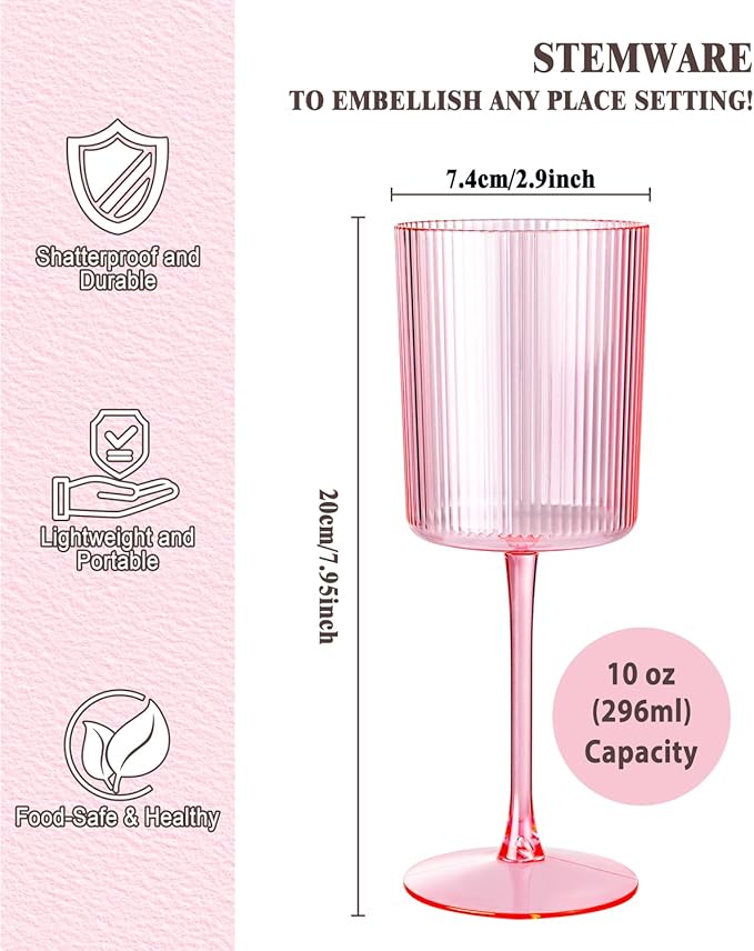 Ciaell 12 PCS Pink Plastic Ribbed Wine Glasses - 10 OZ Plastic Square Wine Glasses with Stem - Disposable Champagne Cups for Parties & Weddings & Party