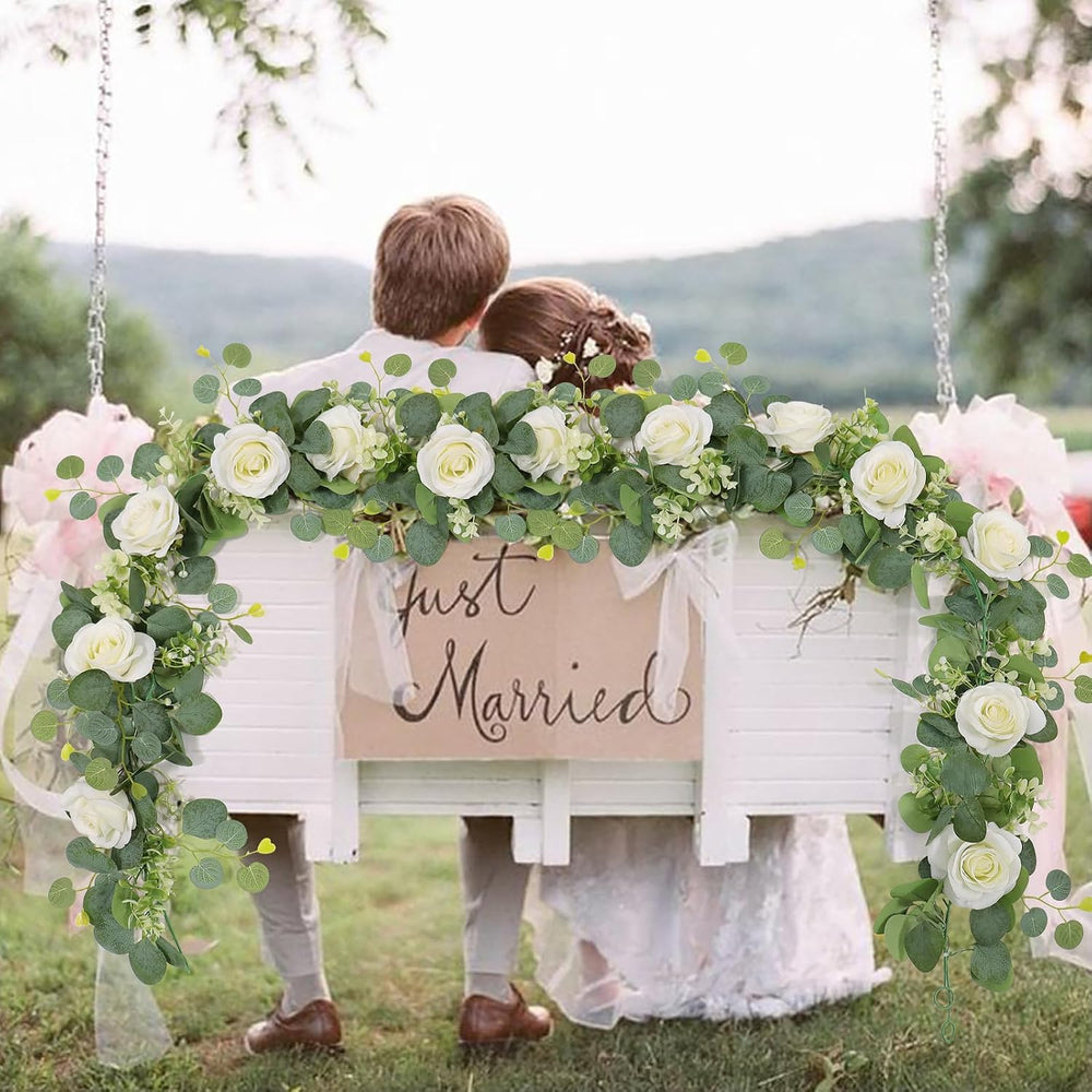 TOCHGREEN 4PCS Artificial Eucalyptus Flower Garland with White Rose Flowers