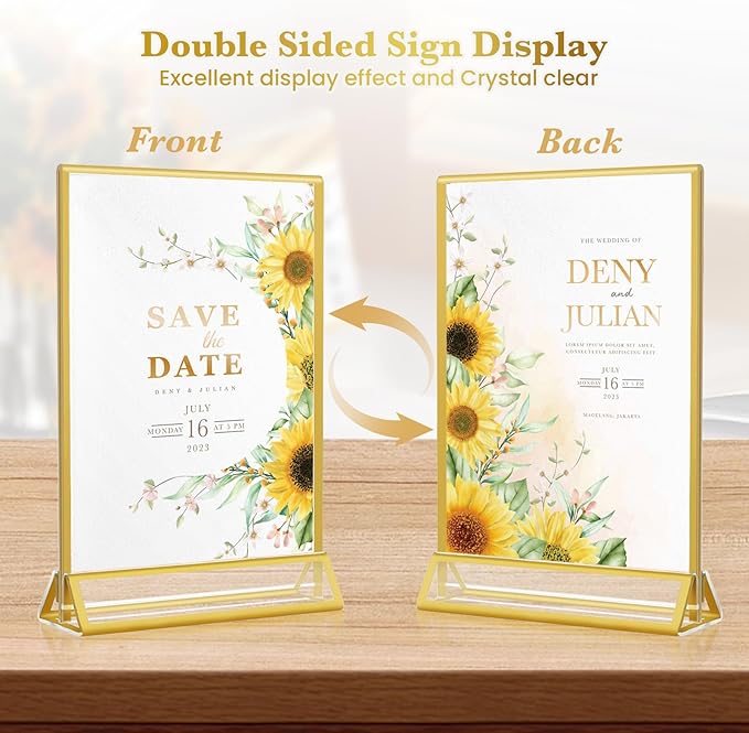 Acrylic Gold Sign Holders 5x7, 12 Pack Wedding Gold Table Number Holders, Double Sided Photo Display Picture Frame Paper Stand, Clear Flyer Stand Menu Holder for Wedding, Home, Party, Restaurant