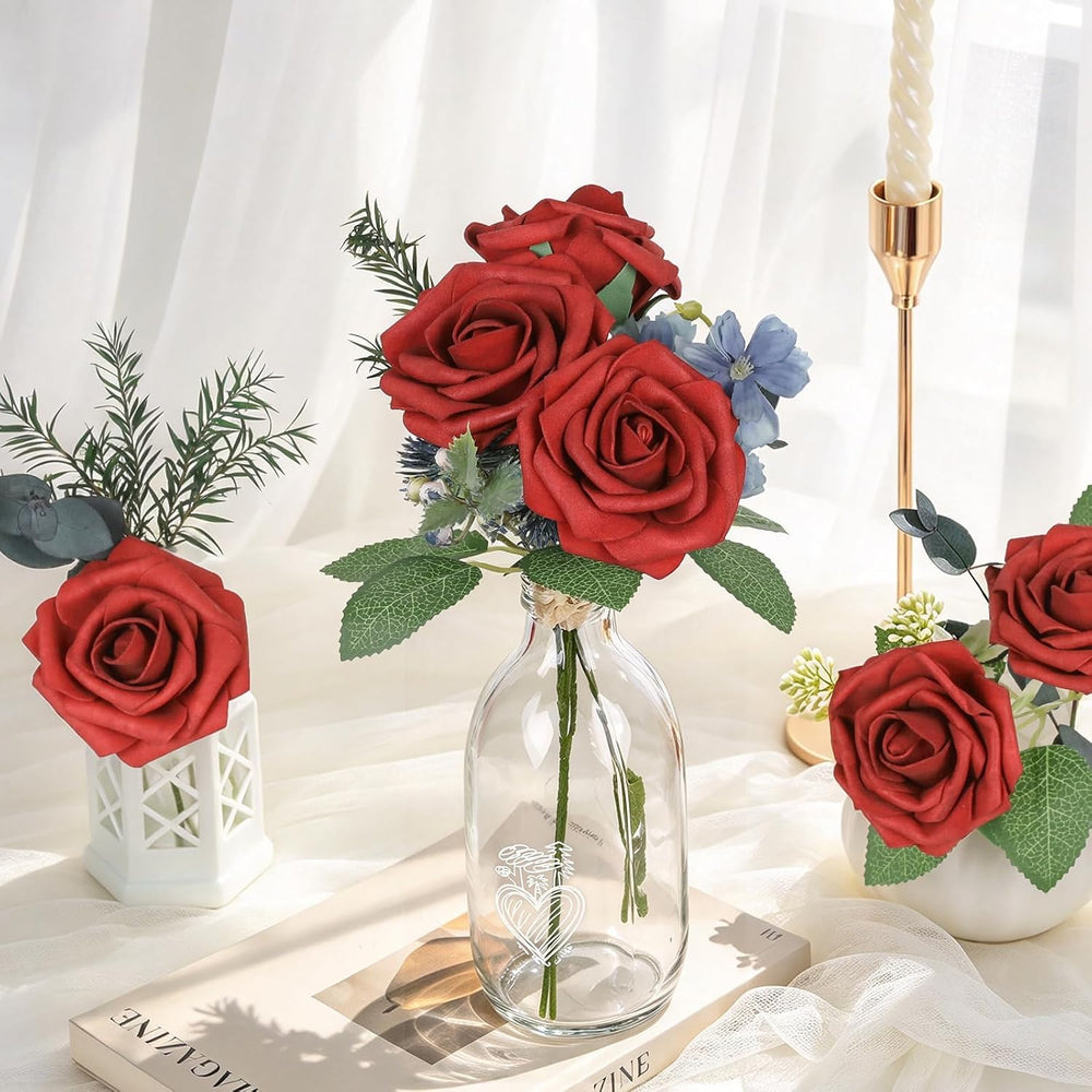 AmyHomie Dark Red Rose 100pcs Real Looking Artificial Flowers w/Stem