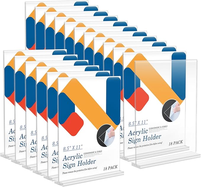 Relx 18 Pack Acrylic Sign Holder 8.5 x 11, Vertical T Shape Plastic Sign Holder with Base, Double-Sided Clear Tabletop Plexiglass Flyer Stands for Restaurant Office Store Home Picture Frame Display