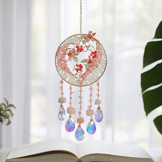 TUOKING Crystal Suncatchers for Window Pink Love Dreamy Crystal Natural Stone Sun Catchers Rainbow Maker Ornament Gift Home Garden Decoration
