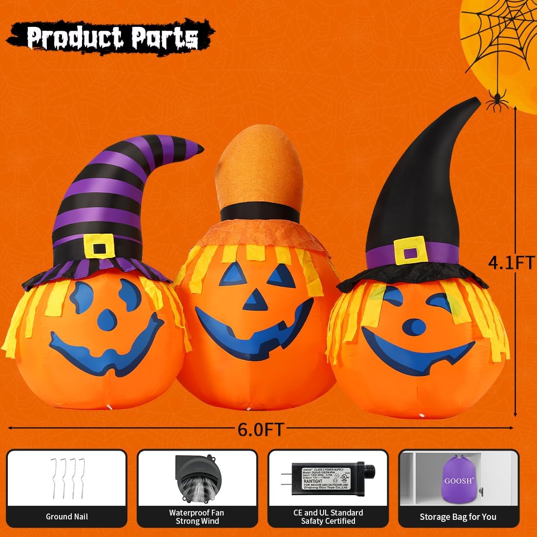 goosh 6 ft halloween inflatables outdoor pumpkin combo, package contents