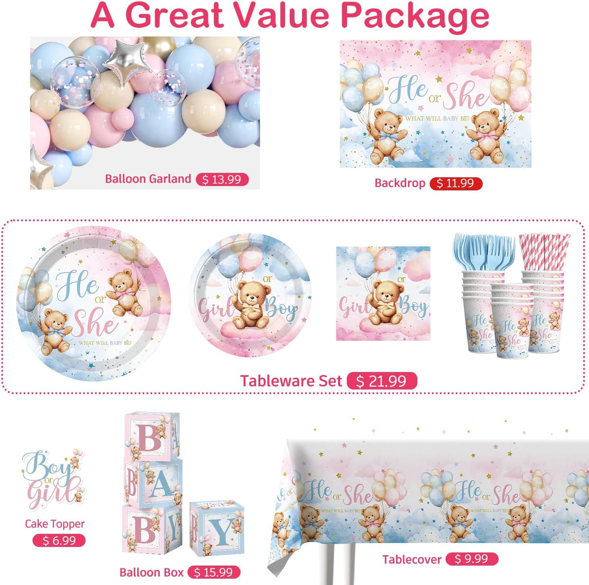 cocomigo 232pcs Bear Gender Reveal Decorations Complete Party Set 20 Guests