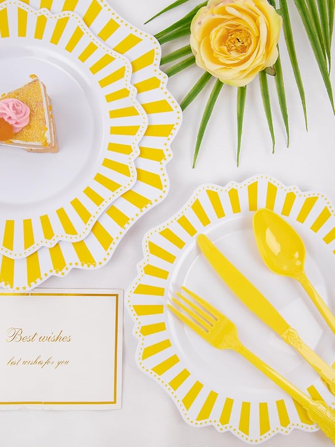 COLOSUS 150pcs Disposable White Lemon Yellow Striped Plastic Party Plates and Silverware set, Yellow Dinner/Dessert Plates silverware 30guests for Easter Birthday Weeding Party and Daily use.