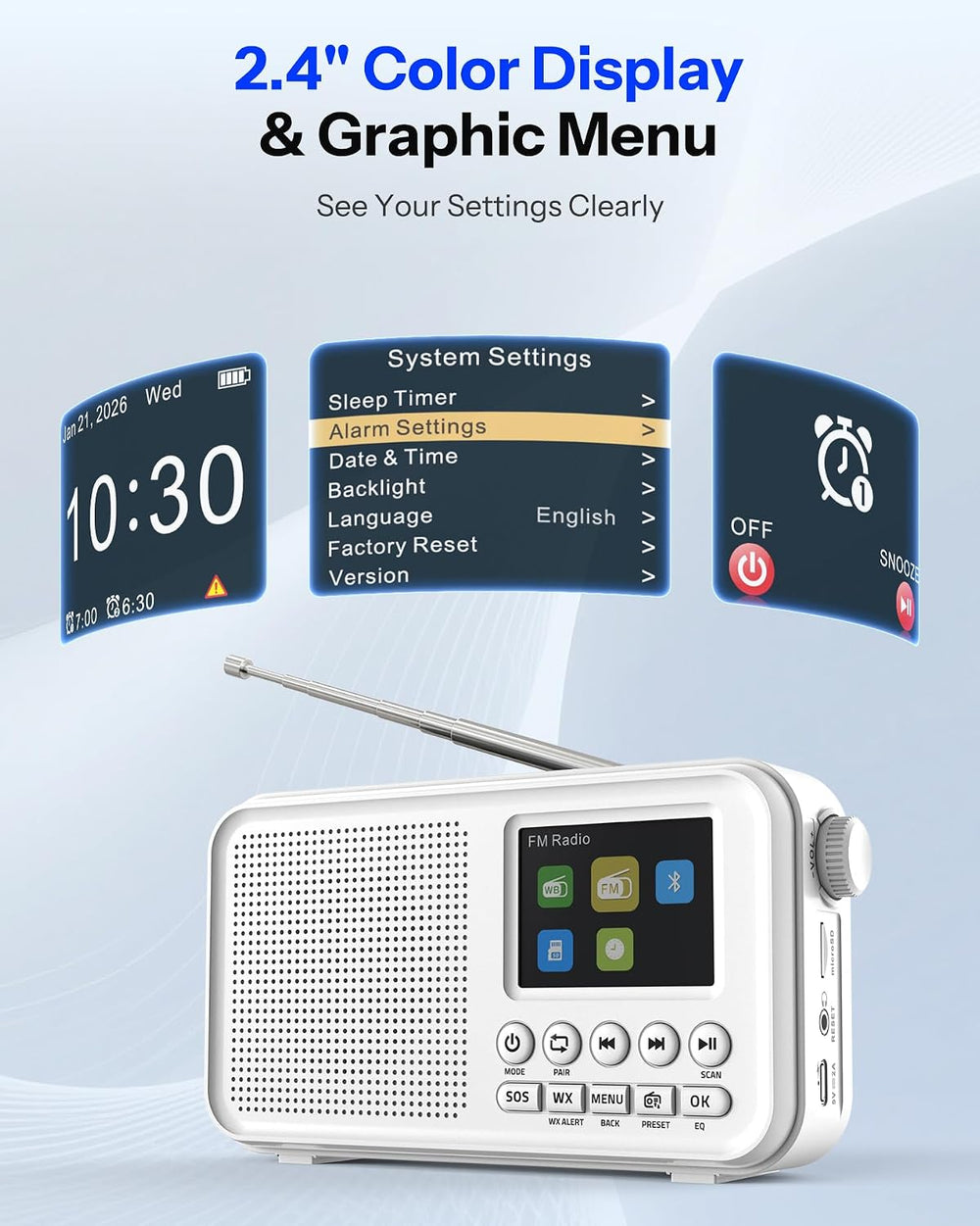 Portable FM Radio with Bluetooth, 3000mAh Rechargeable, NOAA Weather Alert