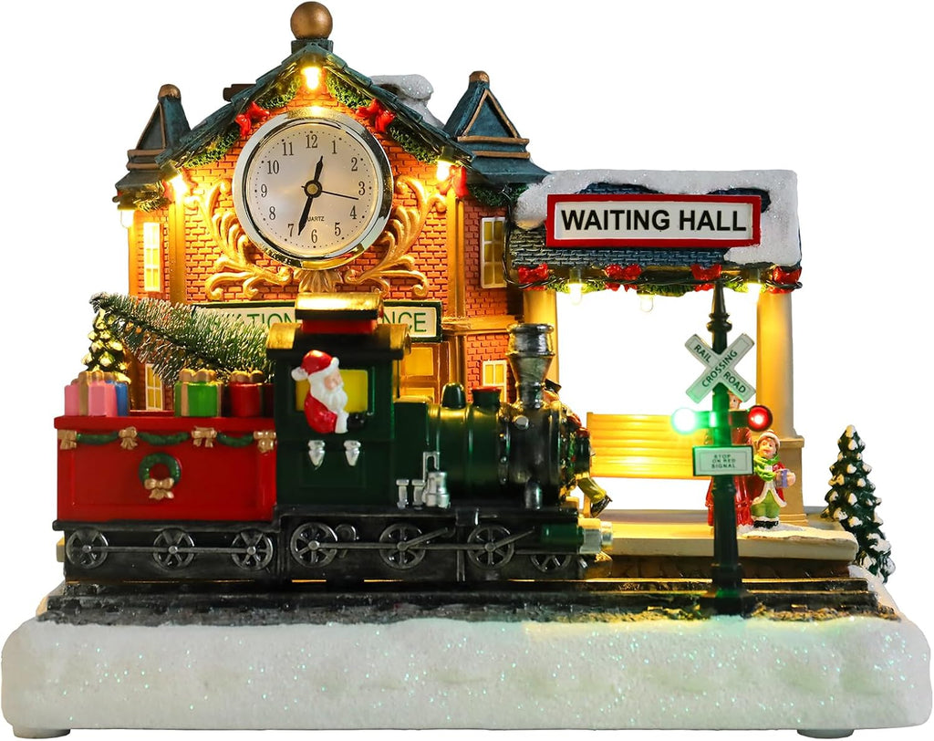 Vipush Christmas Village House Decorations Resin Railway Station Platform Home Decor Indoor Building Figurines Revolving Train with LED Light and 8 Christmas Music