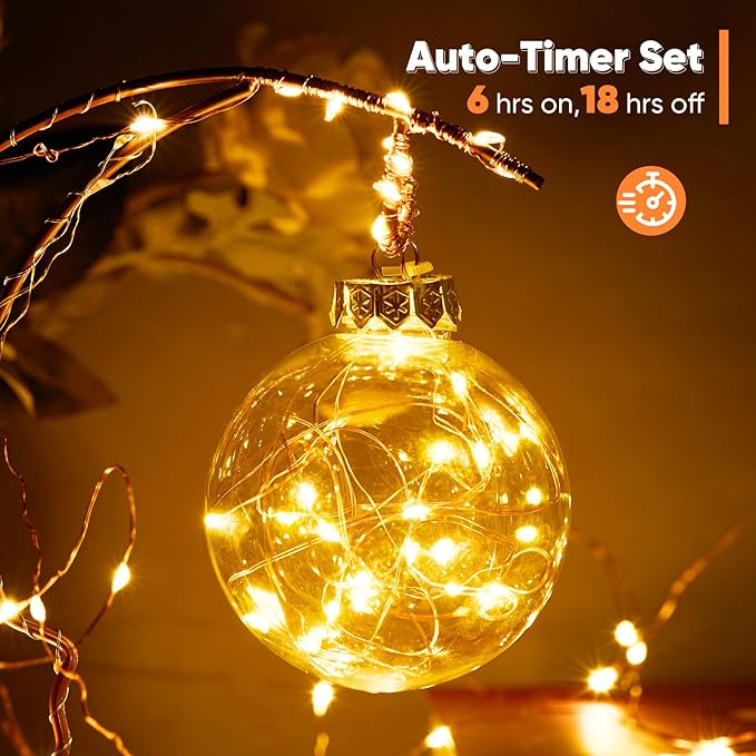 2 Pack 65.6 Ft. Battery Operated Outdoor String Lights with Remote & Timer, LED Warm White Fairy Lights, Waterproof Twinkle Lights for Bedroom, Dorm, Mason Jar, Wedding, Party, Christmas
