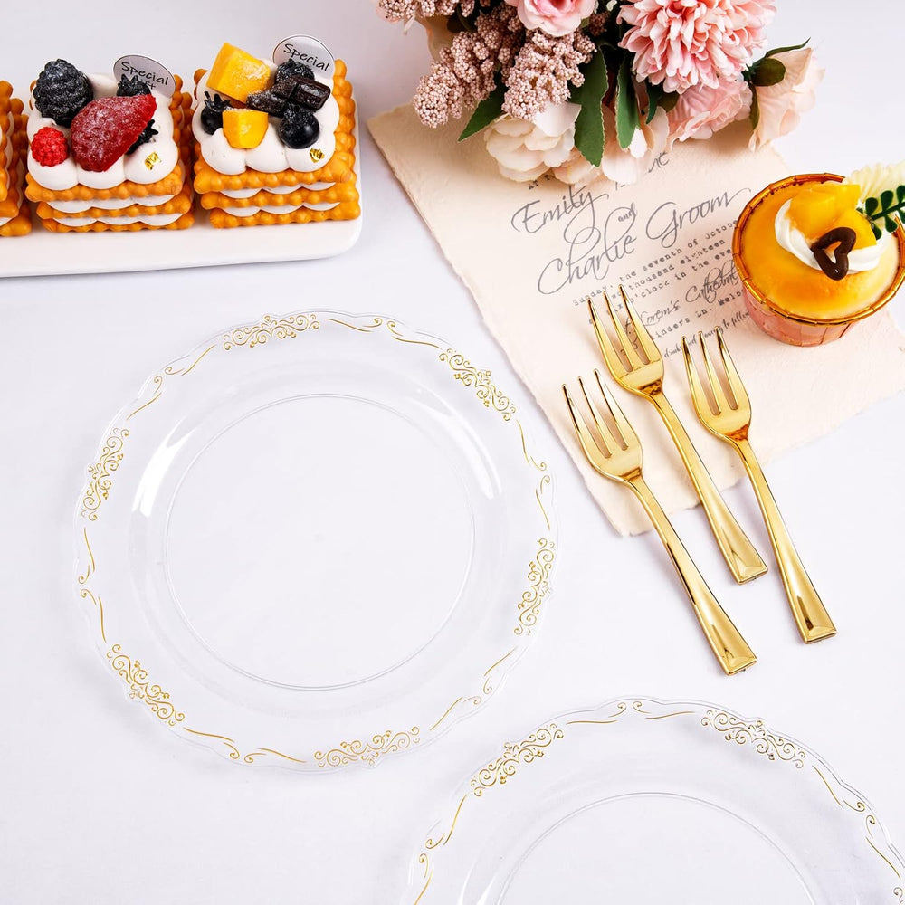 LIYH 200 Pcs Clear Gold Sturdy Plastic Cake Plates & Forks for Weddings
