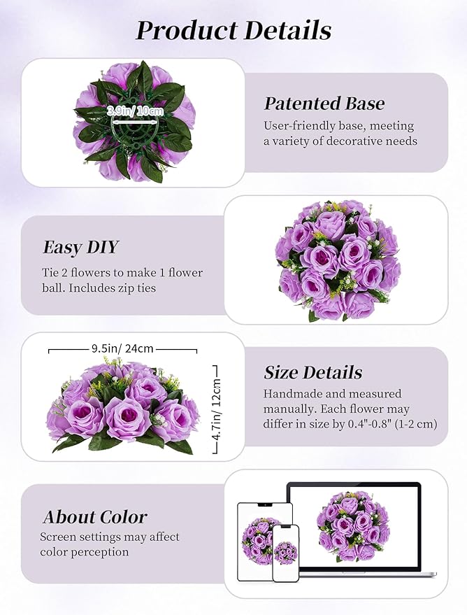 BLOSMON Flower Balls Wedding Rose Centerpieces 6 Pcs Lilac Fake Flowers Kissing Balls Decor Artificial Floral Arrangements Flower Bouquet of Roses Home Party Room Table DIY Decorations