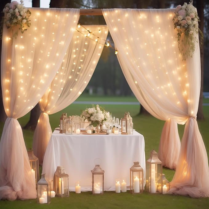 20×10ft Champagne Tulle Backdrop Curtain with Lights String for Parties, Sheer Curtain Backdrop Drapes for Wedding Party Photography Background
