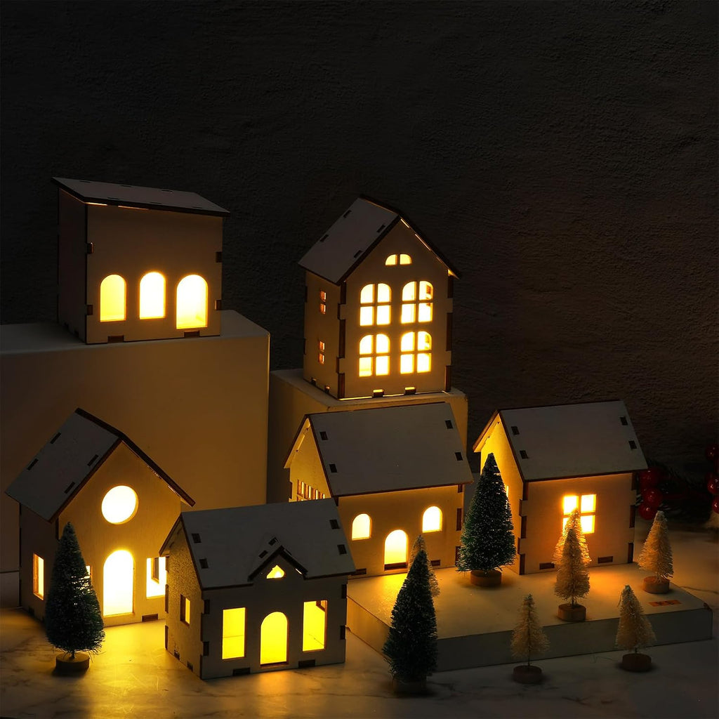 Hiboom 44 Pcs Christmas Village Set Wooden House LED Candlelight Small Pine Tree Mini Wooden Village Building for Adult Winter Town Xmas Farmhouse Tabletop Craft Decor