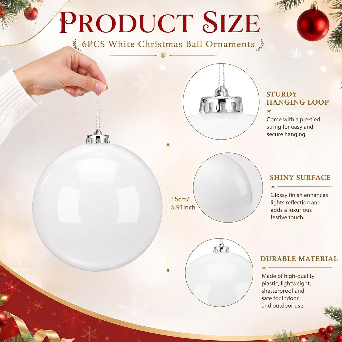 wettarn 6 pcs large 6" white christmas ornaments, close-up detail