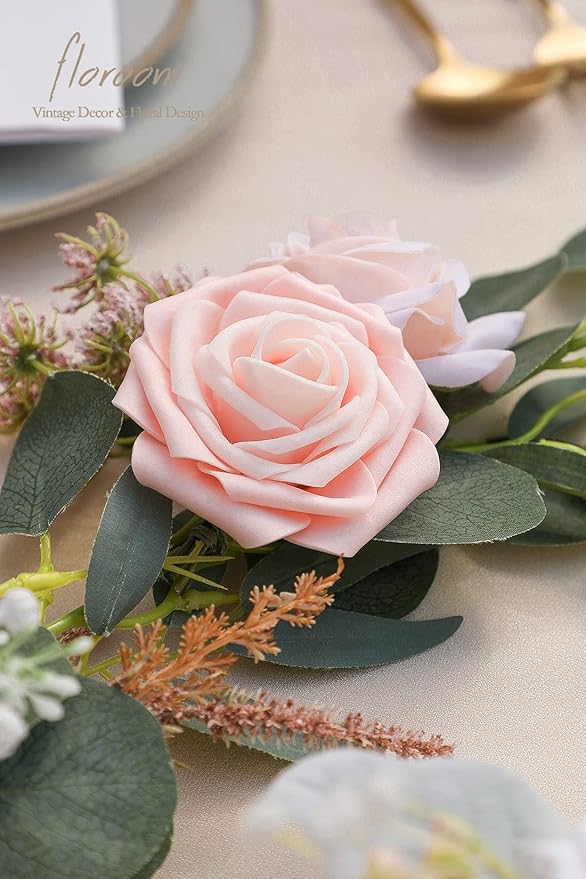 Floroom Artificial Flowers 50pcs Real Looking Blush Shades Foam Fake Roses with Stems for DIY Wedding Bouquets Bridal Shower Pink Centerpieces Floral Arrangements Party Tables Home Decorations