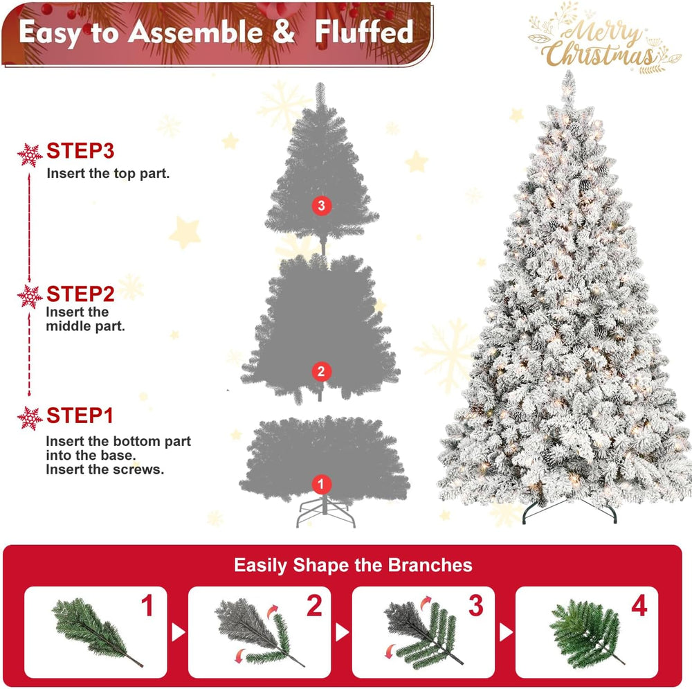 7FT Prelit Flocked Christmas Tree with Pine Cone, Premium Artificial Christma...