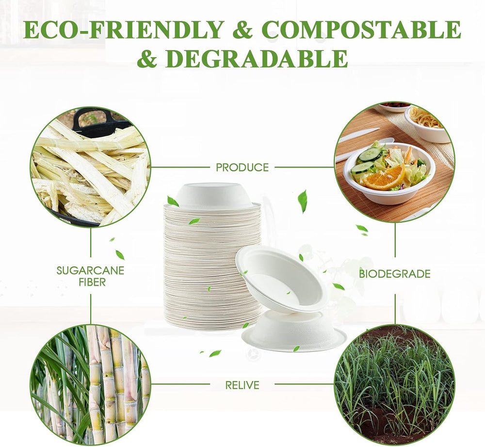 Vplus 200 Pack 16 OZ Compostable Paper Bowls, Bagasse Bowls，White
