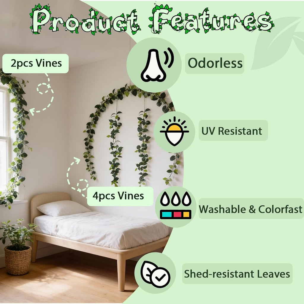 ucky 4Pack Total 24FT Green Fake Vines Ivy Leaves Vines for Bedroom Greenery Garland Fake Leaves Leaf Wall Decor Faux Hanging Vines Plants Outdoor Garland