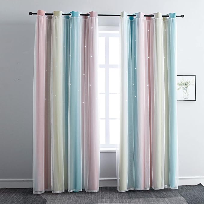 FANLI Ombre Rainbow Blackout Curtains for Kid Girls Bedroom Living Room Darking Stripe Double Layer Star Cut Out Wall Home Decor Gradient Grommet Window Curtains (Pink/Blue, 52W x 84L)
