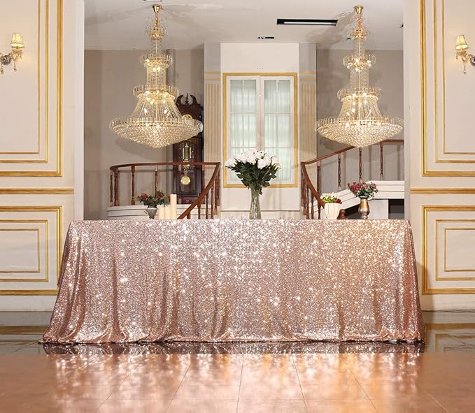 SquarePie Sequin Tablecloth 90 x 156 Inch Rose Gold Sparkly Table Linen for Wedding Party
