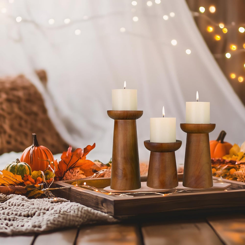Pillar Candle Holders Set of 3， Wooden Candle Holders， Decorative Wood Candle...