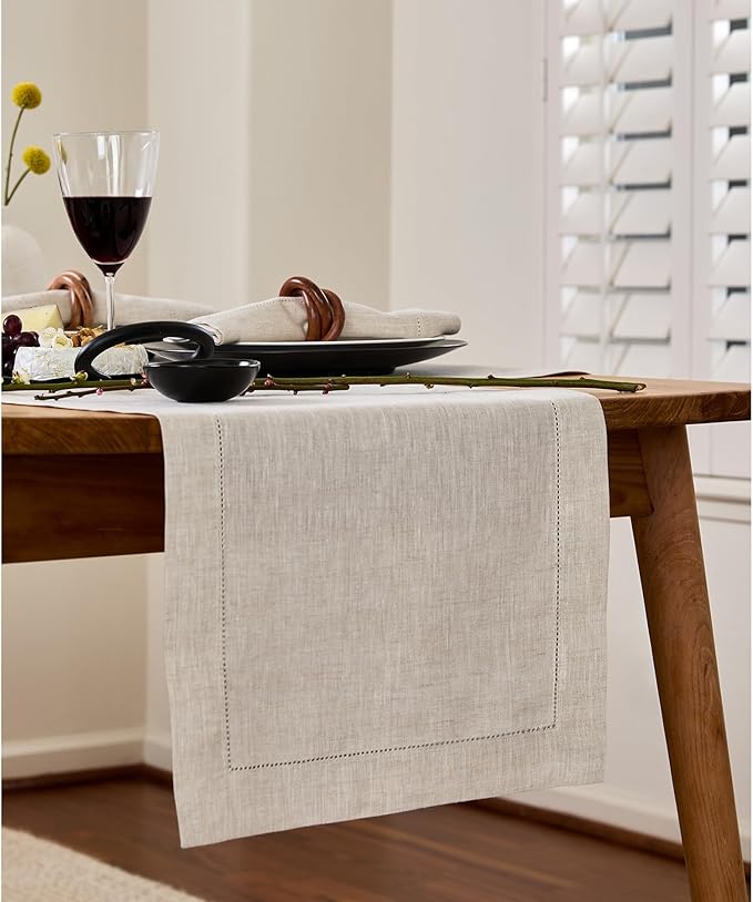 Solino Home Linen Table Runner 108 Inches Long - Classic Hemstitch 100% Pure Linen Light Natural Dining Table Runner 14 x 108 Inch for Fall, Autumn, Thanksgiving