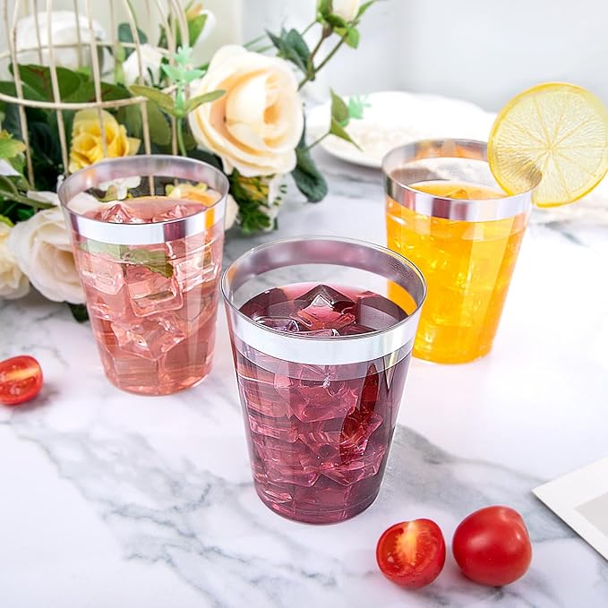 DaYammi 200 Pack Silver Plastic Cups 10 Oz Clear Plastic Cups Silver Rimmed Disposable Wine Glasses Heavy Duty Disposable Tumblers Drinking Cocktail Glasses for Party Wedding