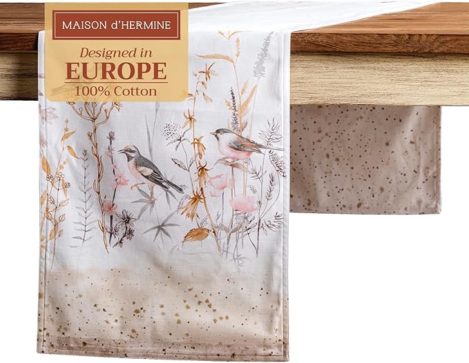 Maison d' Hermine Table Runner 100% Cotton Double Layer Table Runners 108 inches Long Decorative for Home Dining Party Wedding Bridal Shower Spring Summer (Meadow Florals - Beige, 14.50" x 108")