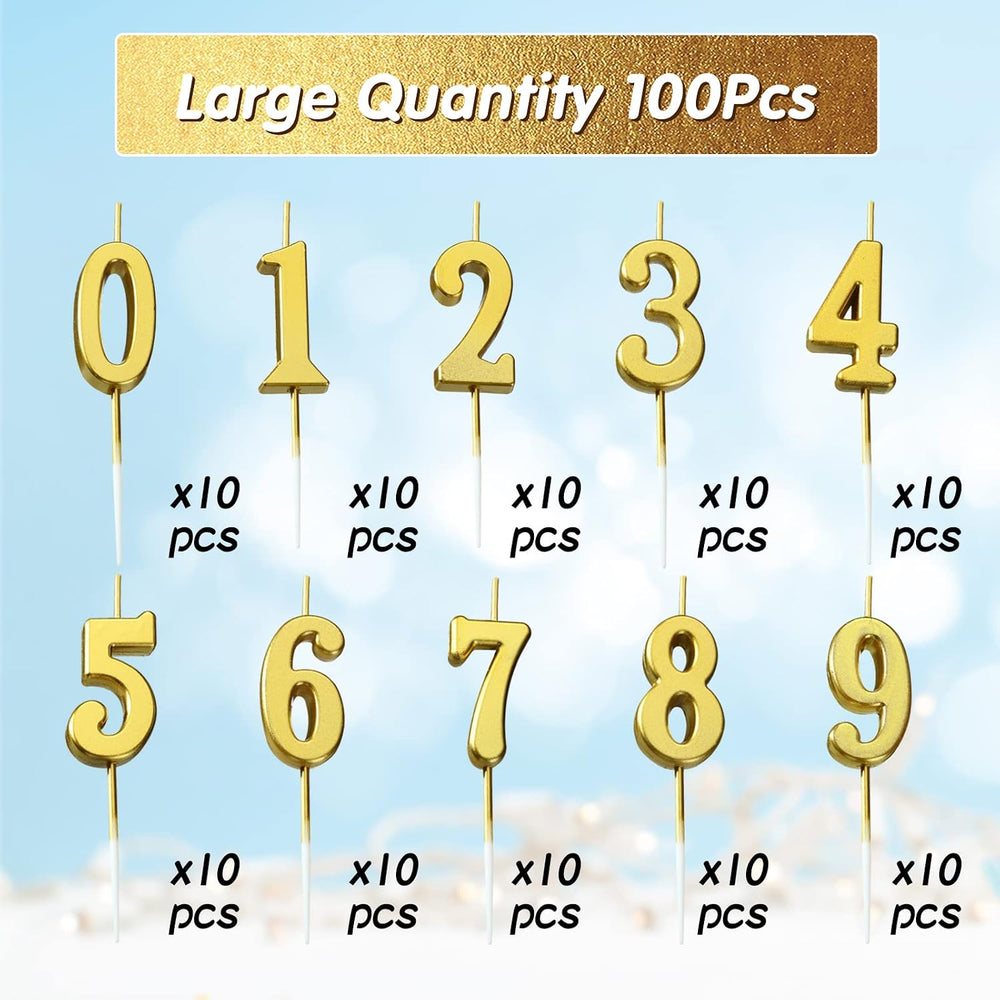 Treela 100 Pieces Number Birthday Candles Bulk, 3.94 Inch Gold Numeral 0-9 Ca...