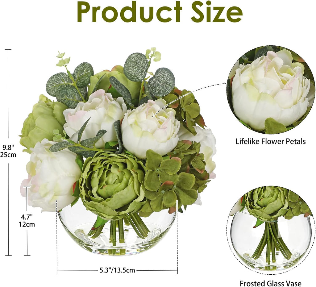 Hollyone Peonies Artificial Flowers in Vase White Green Peony Hydrangea Fake Flowers Silk Flower Arrangements with Glass Vase with Faux Water for Home Decor Bathroom Table Centerpiece Decorations