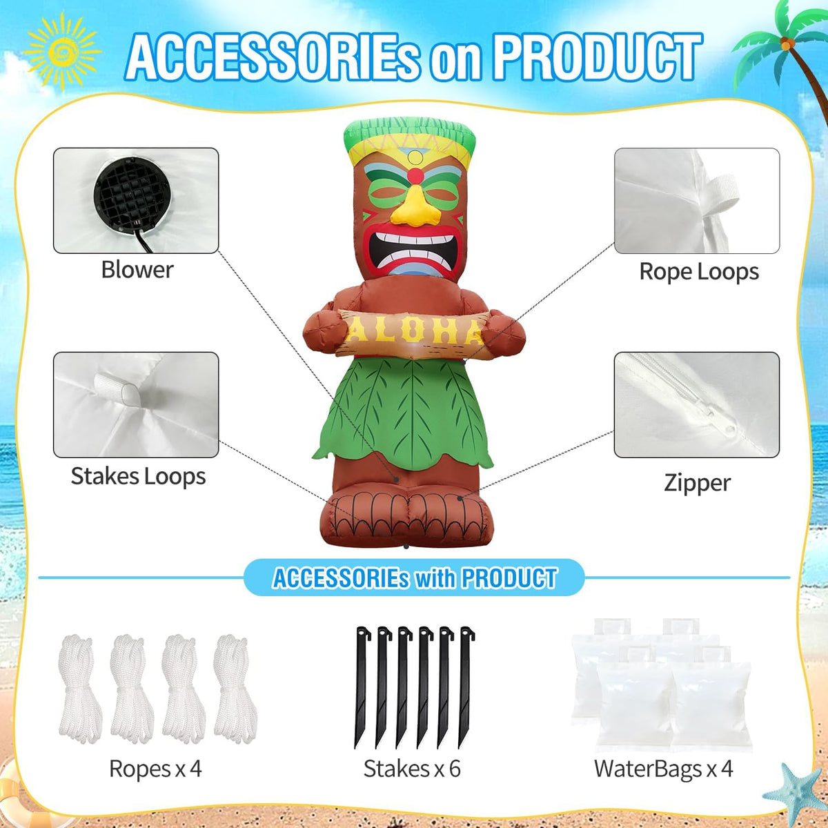 domkom 5ft tiki luau inflatables, tiki hold sign, package contents