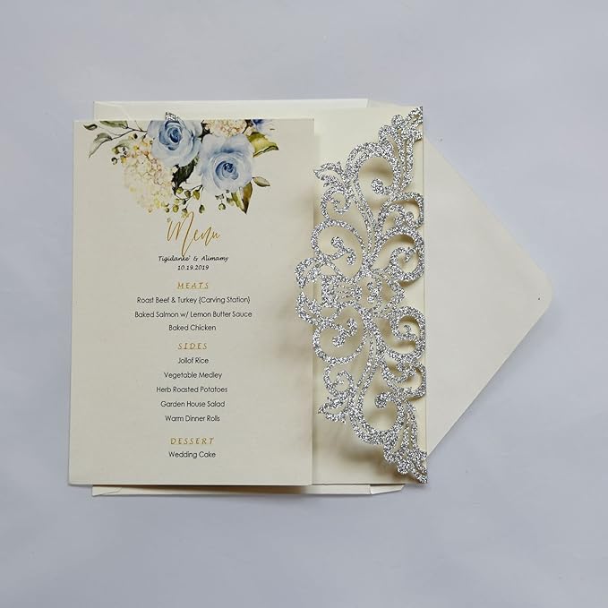 25PCS Silver Glitter Laser Cut Wedding Invitations Cards with Envelopes,Blank Inner Sheets,Ribbons for Wedding Bridal Shower Quinceañera Engagement Birthday Invites