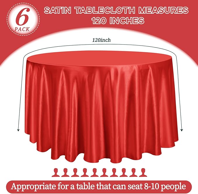 fani 6 Pack 120 Inch Red Satin Tablecloth - Premium Bright Silky Round Tablecloth Overlay Smooth Fabric Table Cover, Table Decoration for Wedding Party Banquet Events Restaurant Kitchen Dining