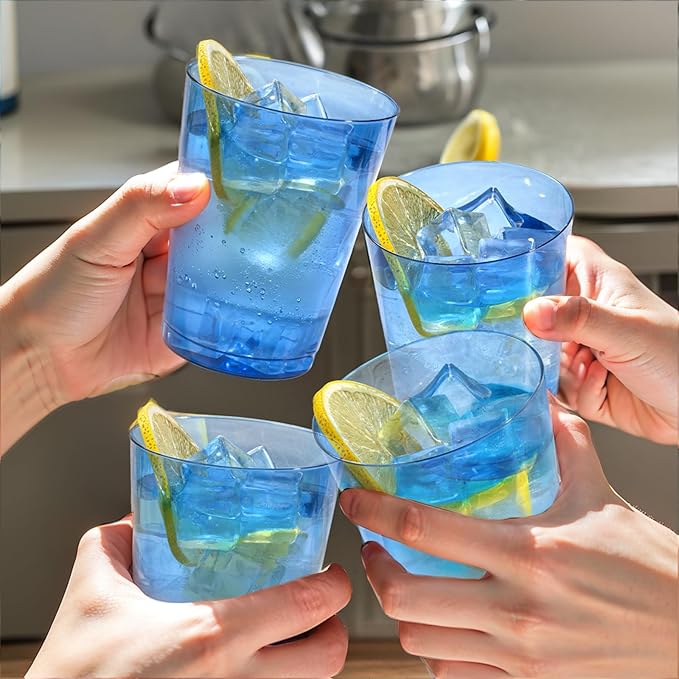 DaYammi 100 Pack Clear Blue Plastic Cups 10 Oz, Blue Cups for Party Disposable Wine Glasses Heavy Duty Disposable Tumblers Drinking Cocktail Glasses for Wedding