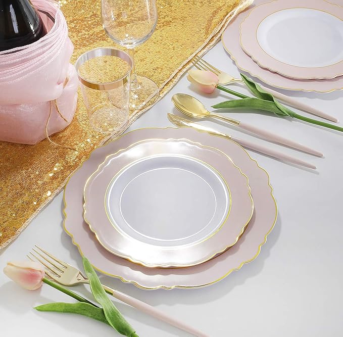 I00000 144Pcs Pink Plastic Silverware, Gold Disposable Flatware with Pink Handle, Gold Plastic Cutlery Set Includes: 48 Forks, 48 Knives and 48 Spoons Perfect for Party & Wedding