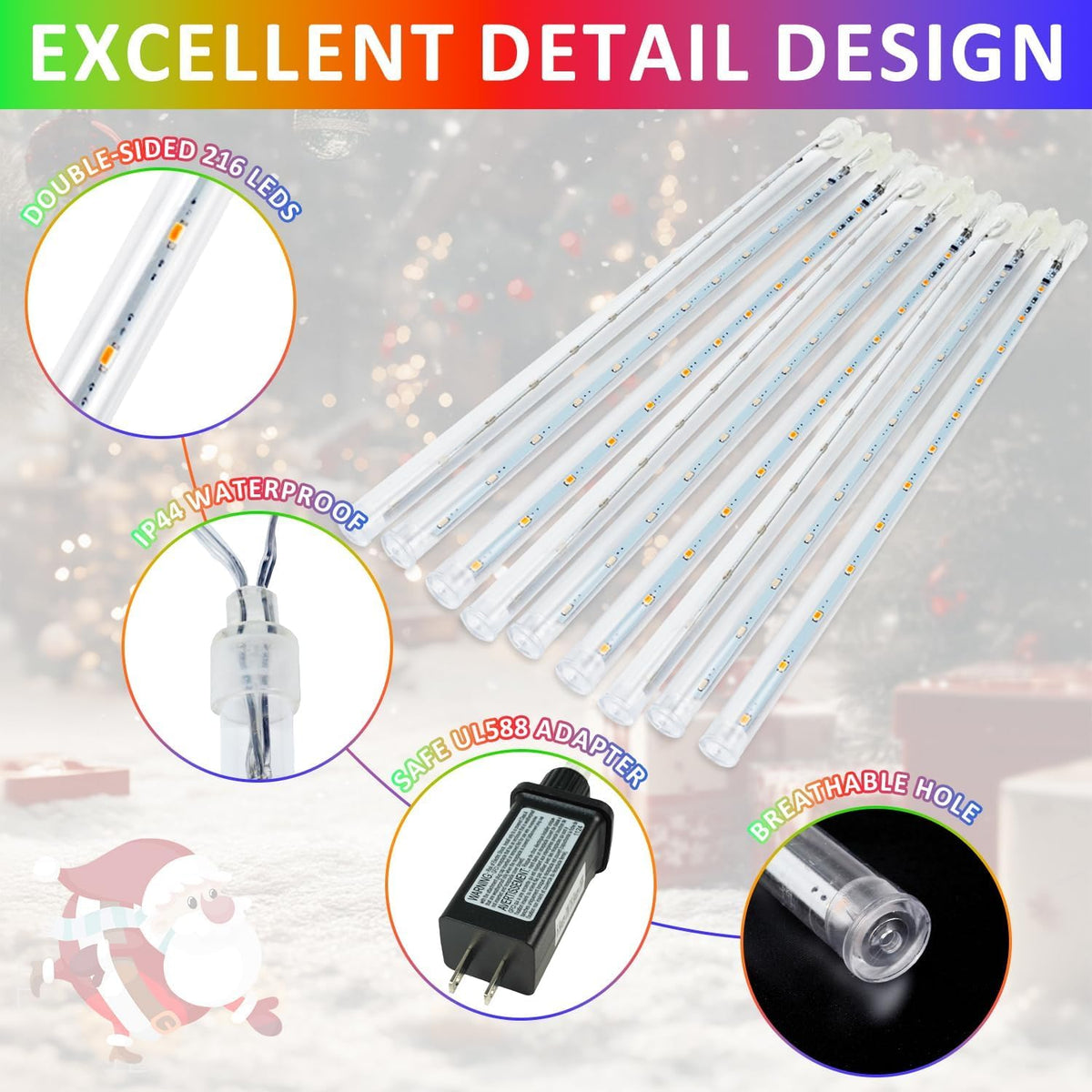 christmas lights outdoor 16 tubes 384 leds meteor showing dimensions